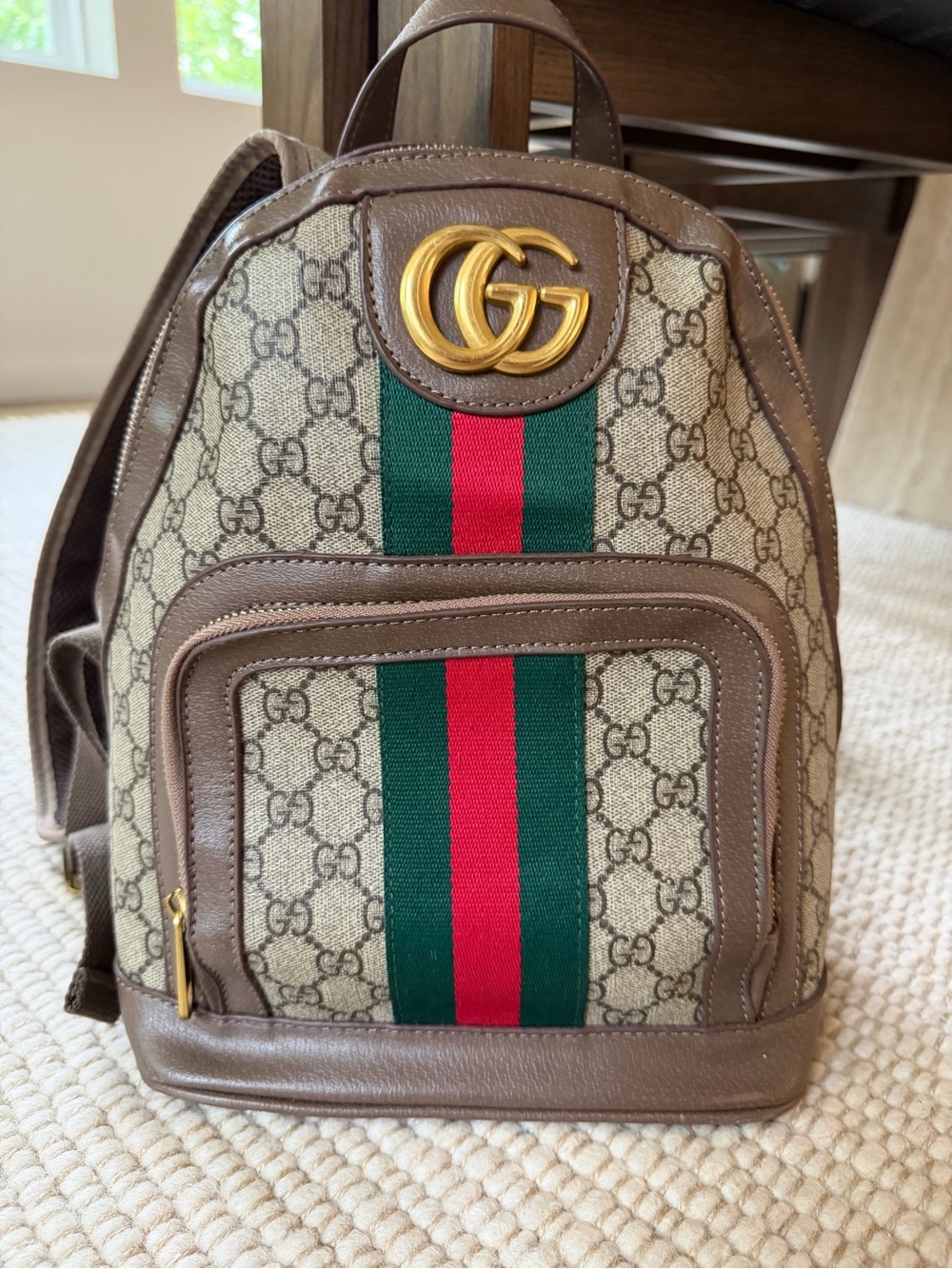 Gucci Beige GG Canvas Backpack with Green and Red Web Stripe - Picture 3 of 5